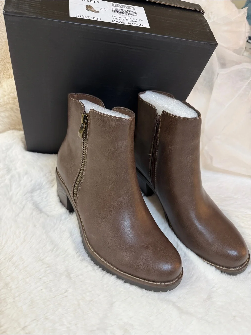SoSoft Women's Brown Leather-Look Ankle Booties with 2 Sided Zips
